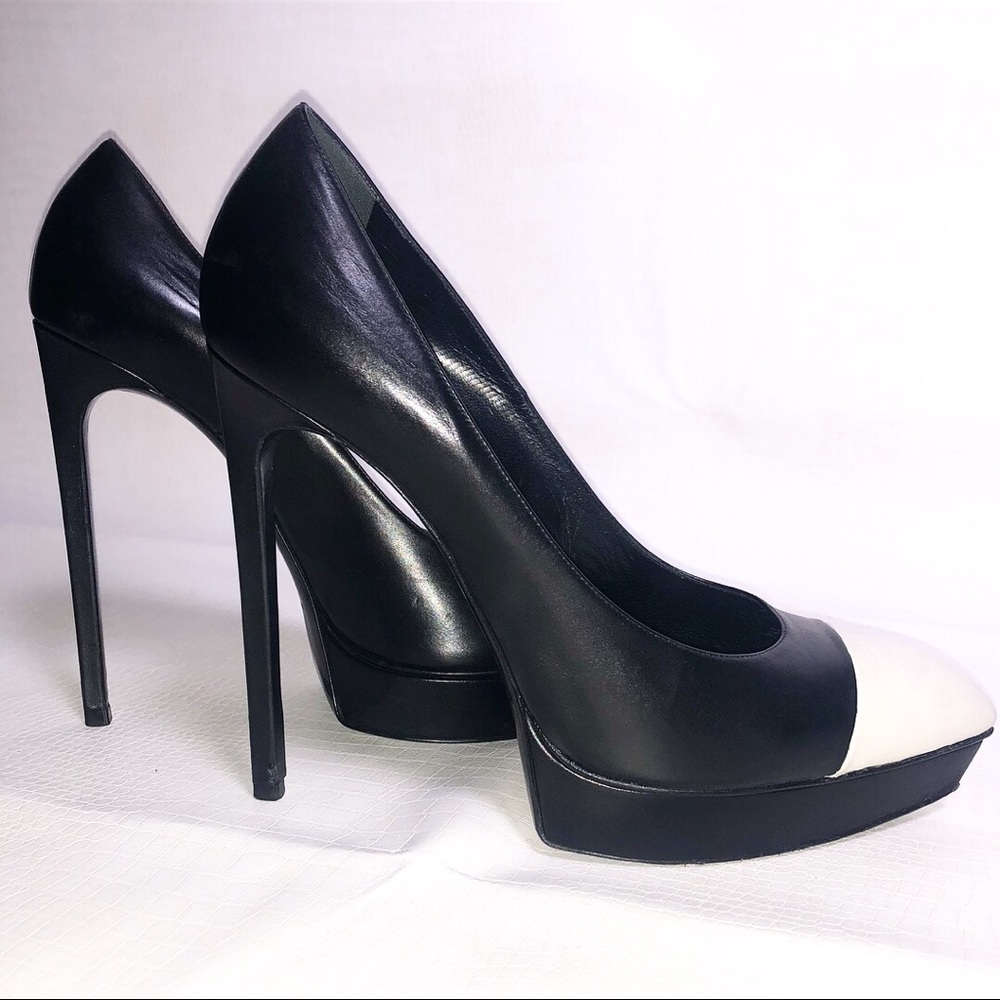 YSL Shoes  Black and White Cap Toe Heels 41